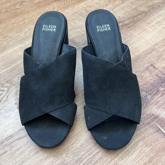 Eileen Fisher Shoes - Eileen Fisher Haven Black Leather Sandals Slip On Mule Women Sz 7 Block Heels